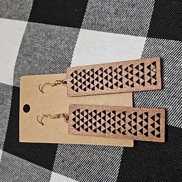 Handmade New Rectangular Wooden Cut Out Dangle Earrings - Picture 1 of 3